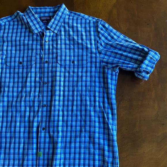 Michael Kors long sleeve shirt roll tab 2 pocket button up blue plaid XL - Picture 12 of 16